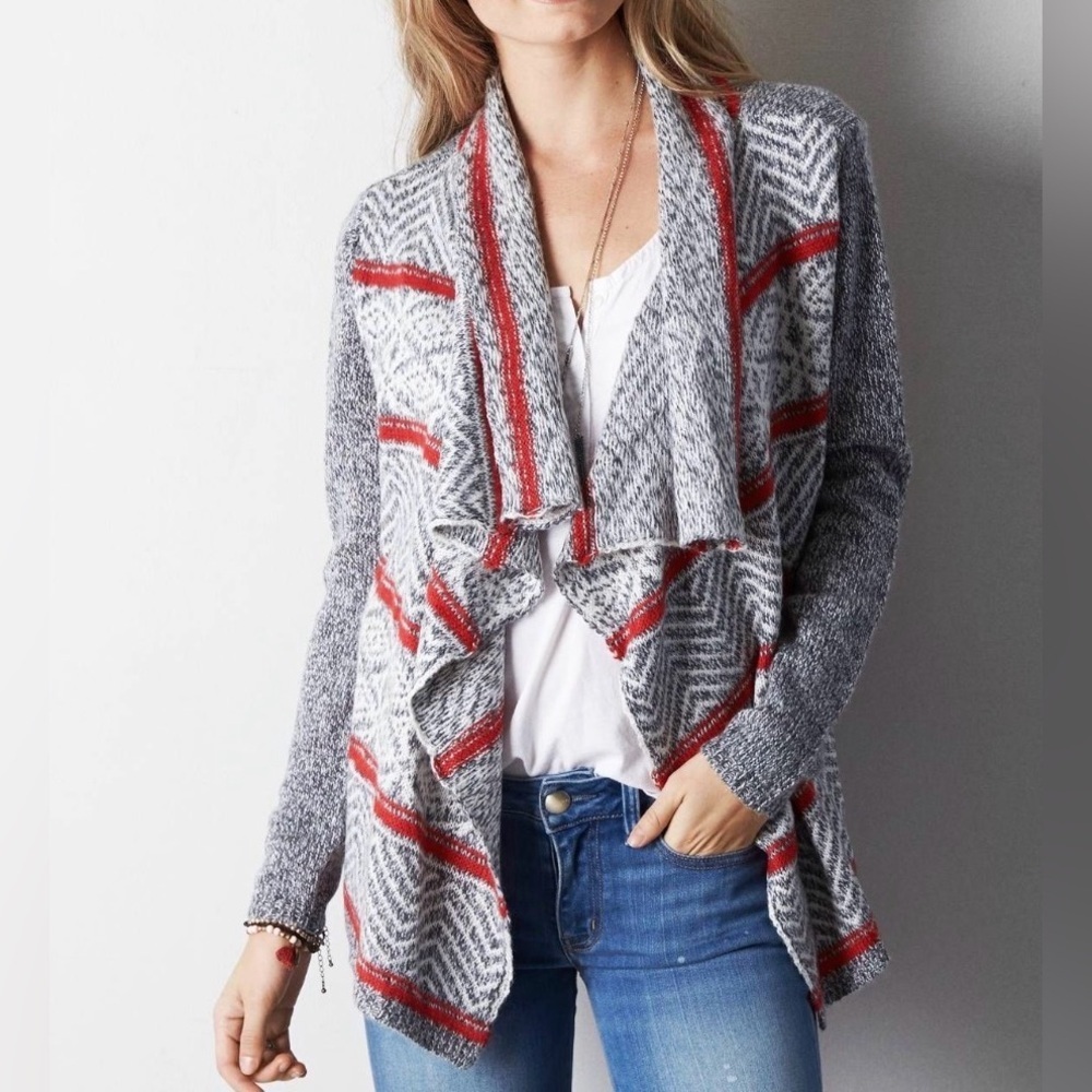 American Eagle grey/red open front cardigan, waterfall sweater, XL